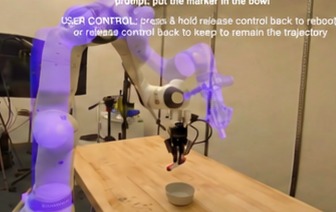 AR headset view: translucent preview of the policy next action chunk on the Franka arm